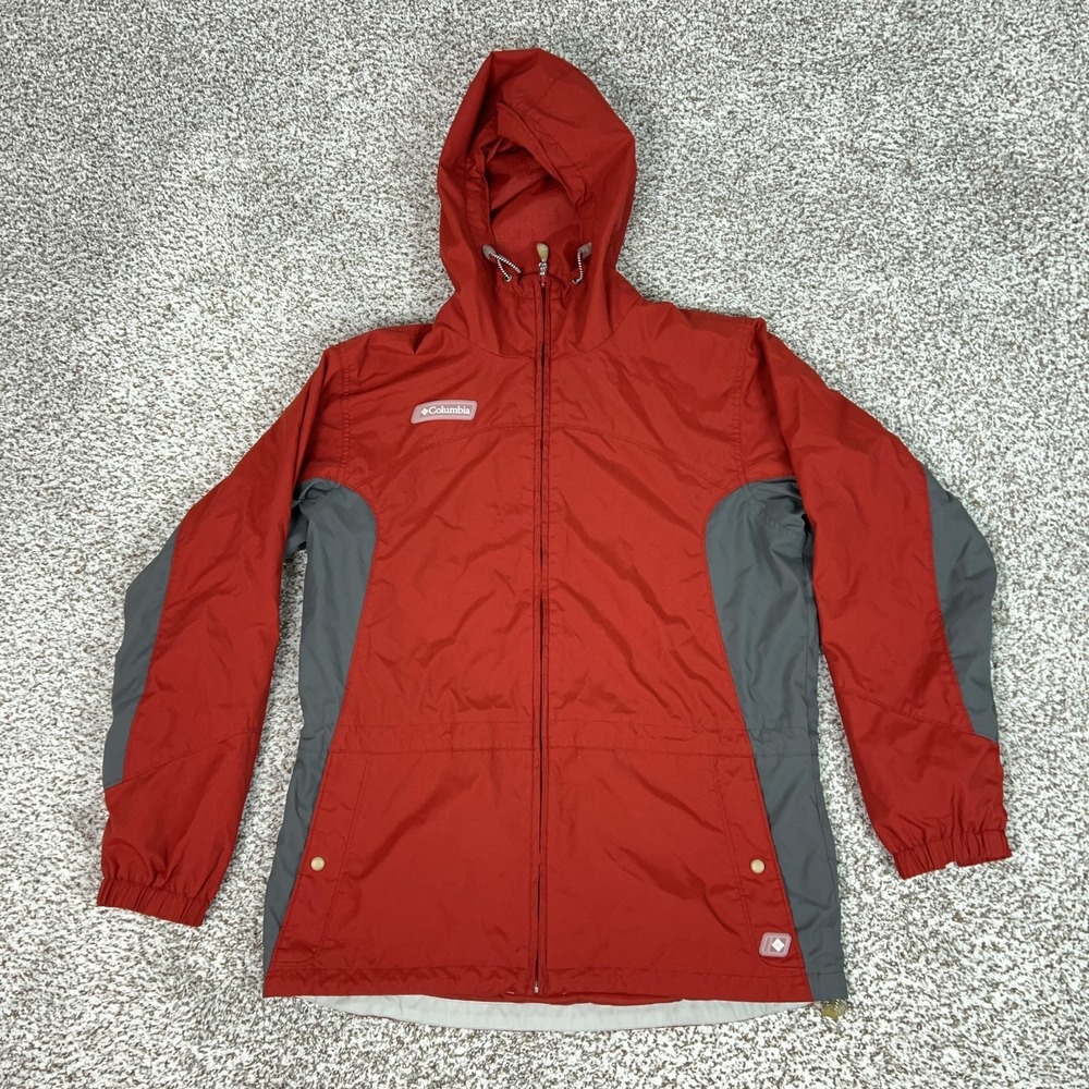Columbia Jacket Womens Medium Red Hooded Windbreaker Full Zip Hiking Outdoor‎